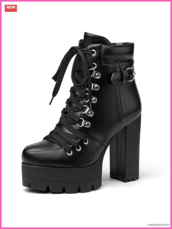Shoes - Chunky Heel Platform Ankle Booties Lace Up Suede Side Zipper Block Heel